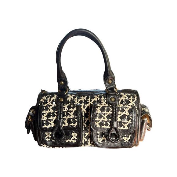 Isabella Fiore Black & White Leather Satchel Woven Handbag - 15" x 9"
